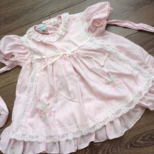 Vtg 80s Nannette Baby Dress Pink Lace Floral Ruffles Embroidery 15-18 Months
